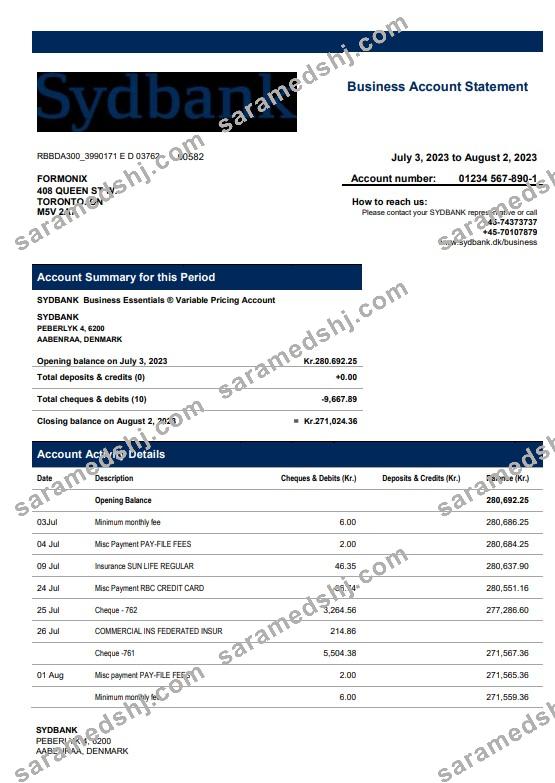 Sydbank enterprise account statement Word and PDF template